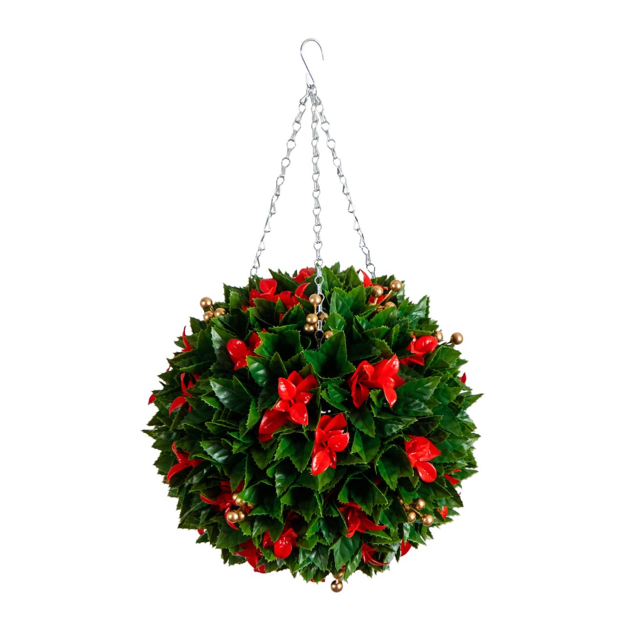 15in. UV Resistant Artificial Red Tip Photinia Christmas Hanging Ball with Gold Berries (Indoor/Outdoor)